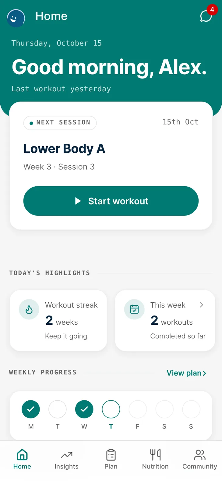 The client app in the gym's own colour: today's Lower Body A session with a start button, a two-week streak and this week's progress.