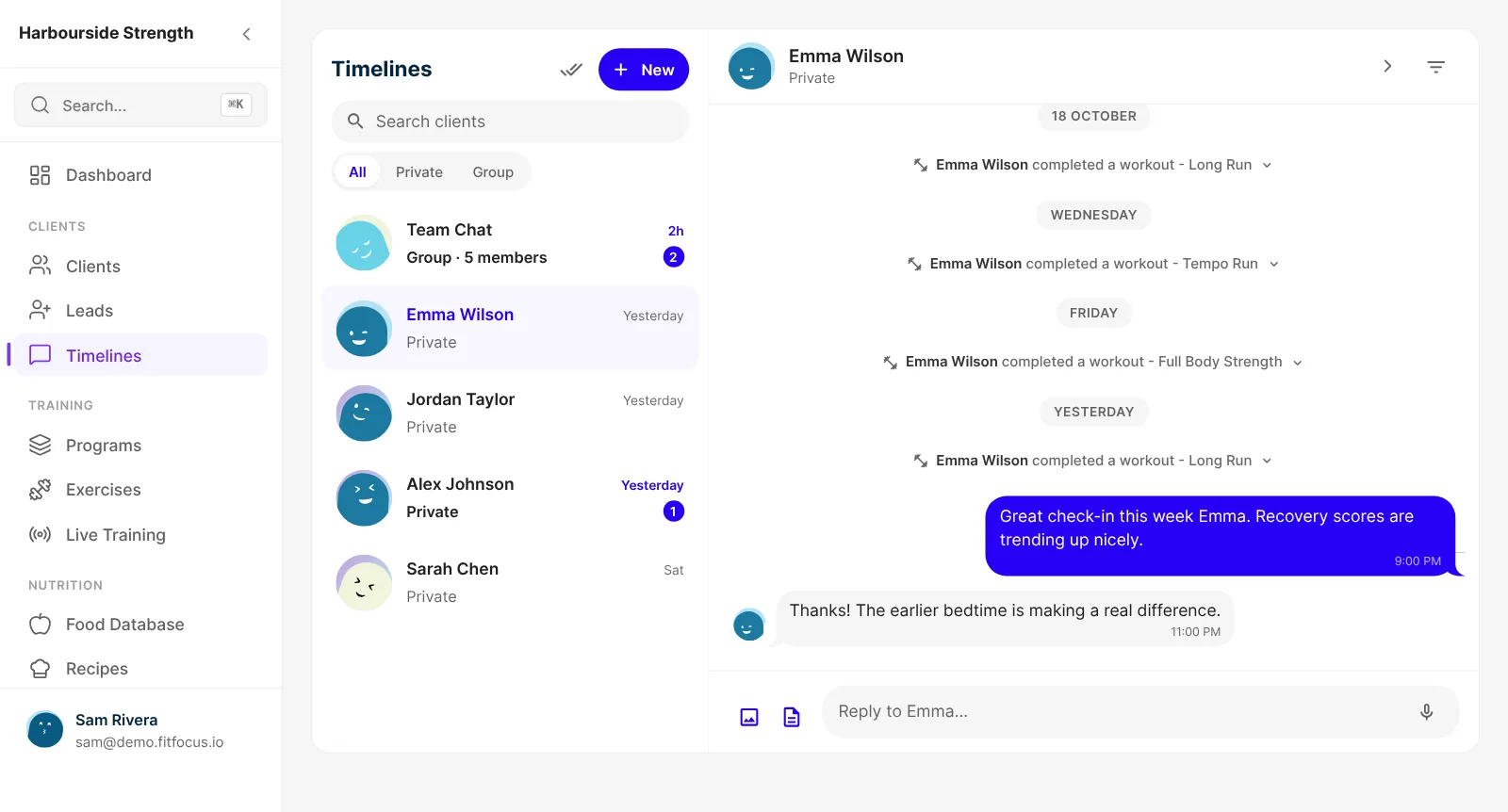 The coach's messages: every private and group conversation in a list, and one client's thread with their completed workouts, the coach's check-in and the client's reply.